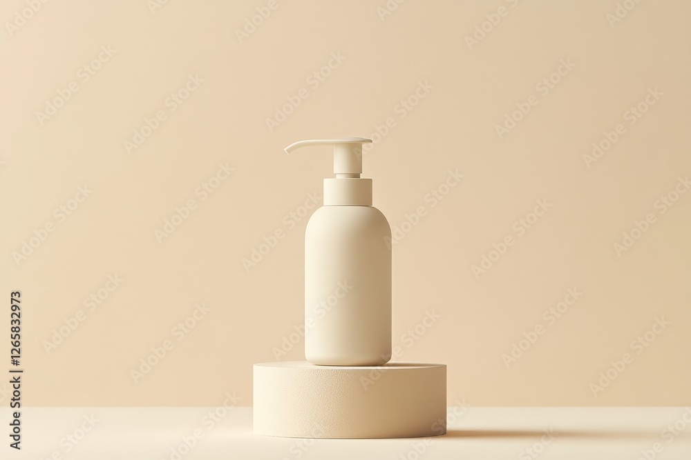 Poster elegant minimalist skincare lotion bottle displayed on a neutral pedestal with soft lighting in a co