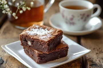 Delicious brownies served with tea in a cozy setting on a wooden table