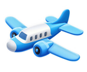 Naklejka premium Flying plane icon. Cute, cartoon 3d realistic white airplane with blue portholes and wings, perspective view 