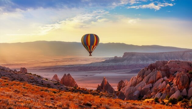 Globo Aerost&aacute;tico Volando sobre un Paisaje Colorido &ndash; Aventura y Belleza