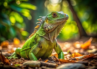 Obraz premium Green Iguana Crawling on Forest Floor, Fort Lauderdale, Florida - Stock Photo