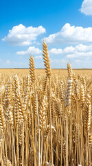 Fototapeta premium Wheat field with blue sky as a harvest-related nature and agriculture backdrop