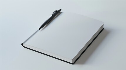 A pristine white notebook lying open with a pen on a white surface.