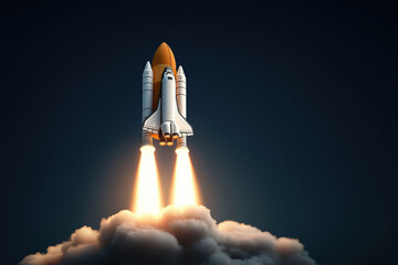 Obraz premium Rocket launch at night with bright engines lighting up the clouds