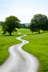 Winding country road, green field, trees, travel, journey