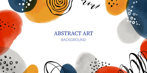 Creative minimalist hand painted Abstract art background with watercolor stain and Hand Drawn doodle Scribble Circle. Design for wall decoration, postcard, poster or brochure