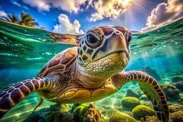 Obraz premium Green Sea Turtle Closeup in Vibrant Tropical Lagoon - Coral Reef Wildlife