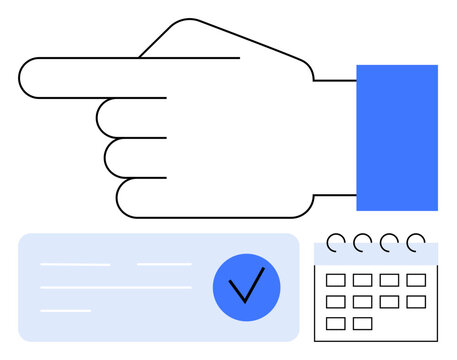Hand pointing right, blue sleeve, black outline, pointing gesture, calendar with dates, and completed checklist. Ideal for organization, scheduling, productivity reminders planning deadlines time