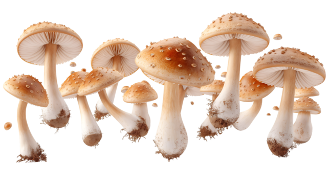 Floating Brown Mushrooms Autumn Nature Design, 3D Fungi for Food Themes, isolated on transparent background.