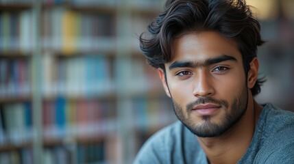 Obraz premium Intense portrait of young Indian man in front of out of focus bookshelf features and confident gaze