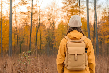 Woman hiking through autumn forest, wearing backpack. Back view. Serene woods