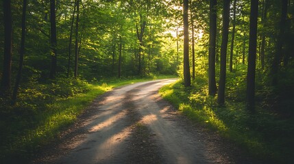 Fototapeta premium Sunlit Forest Path Winding Through Lush Green Trees