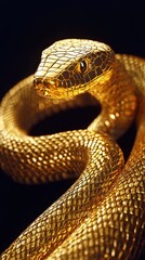 Fototapeta premium Glossy Golden Snake Sculpture on Dark Background with Intricate Detail