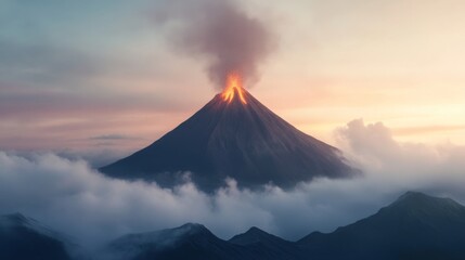 Fototapeta premium Erupting volcano at sunset, cloudscape, mountain range