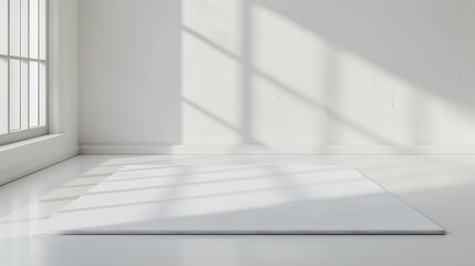A simple white exercise mat laid out on a clean white floor.