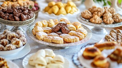 Fototapeta premium Assorted Pastries and Sweets on Elegant Platters at a Celebration