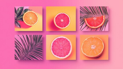 Colorful Fruits and Leaves Arrangement on Pink Background
