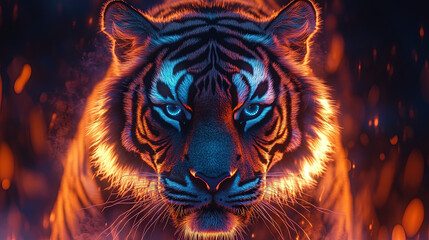 A tiger with neon, swirling stripes that melt into the psychedelic background. The animal's eyes glow with electric blue energy