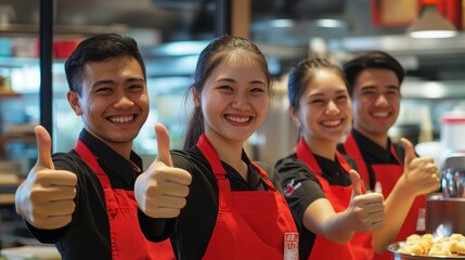 Overjoyed Young Staff Members Give Thumbs Up for Exceptional Service