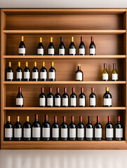 Wooden wine rack with assorted bottles. Inside interior of a home, drinks display