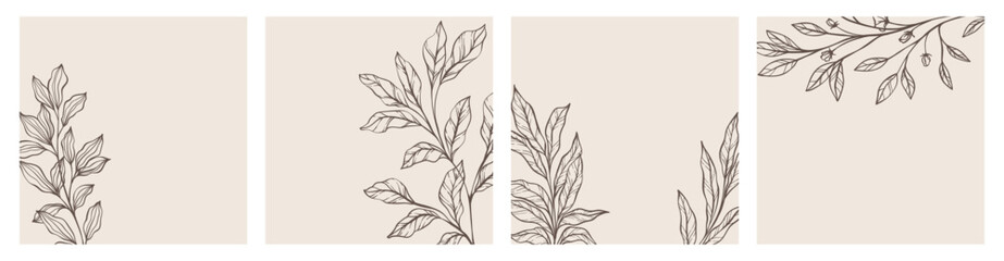 Creative minimalist Abstract art background with leaves branch and Hand Drawn doodle Scribble floral plants © Hulinska Yevheniia