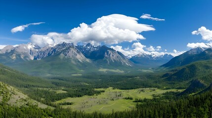 Obraz premium Majestic Mountain Range with Lush Green Valley Under Blue Sky