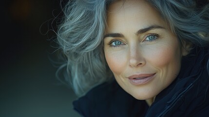 Naklejka premium Elegant woman with gray hair and gentle smile natural beauty and confidence