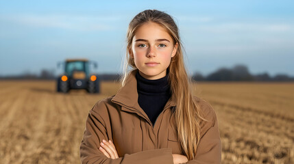 Young woman farmer in field with tractor in the background. Could be used for agriculture