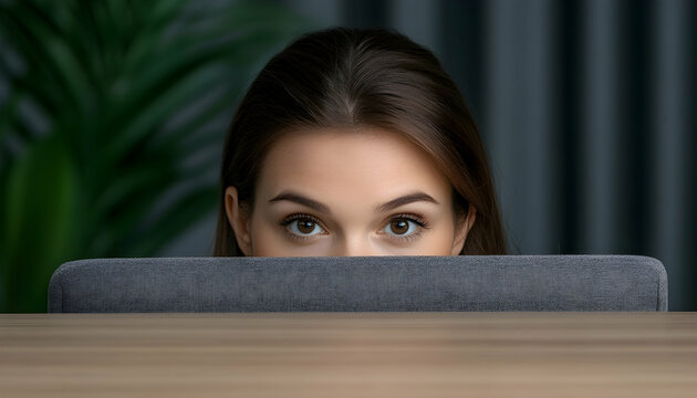 Young woman peeking over furniture in a cozy setting. Home backdrop for lifestyle ads