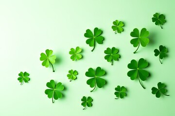 Fototapeta premium Fresh Clover Leaves Pattern on Pastel Green Background for St. Patrick's Day