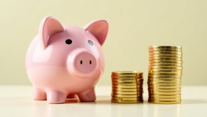 Pink piggy bank watching increasing stacks of gold coins representing savings growth
