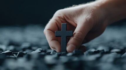 Hand Placing Cross on Textured Surface Signifying Faith and Spiritual Reflection in Dark Environment