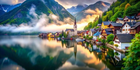 Obraz premium Hallstatt Village & Lake: Misty Alpine Evening, Tilt-Shift Photography