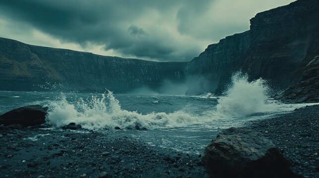 Dramatic stormy waves crashing on a rocky Irish beach, cliffs and overcast sky in the background.  Possible use Nature photography, travel posters, or stock image