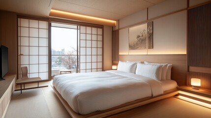 An elegant japanese style bedroom with soft lighting visible