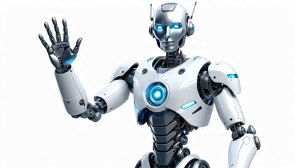 A realistic android robot giving a friendly wave, glowing blue accents, smooth white plating, isolated on a white background