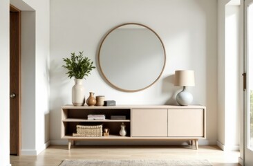 Minimalistic composition at modern retro interior with design commode, tropical leaves in vase, round mirror, copy space, book, grunge wall and elegant accessories in stylish home decor.