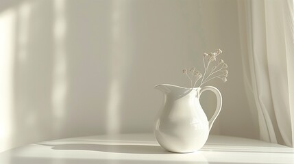 A white ceramic pitcher placed in the center of a smooth white table.
