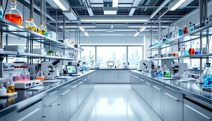 Obraz premium Modern Science Laboratory Interior with Equipment and Cityscape View