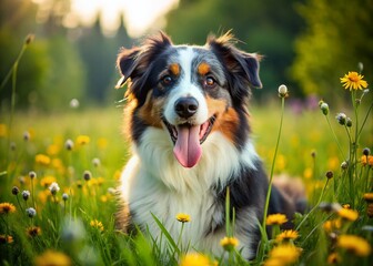 Happy Australian Shepherd Dog in Sunny Meadow Summer Day