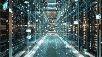 Fototapeta premium A sleek corridor in a data center, illuminated by floating screens and reflective surfaces, showcasing a high-tech environment.