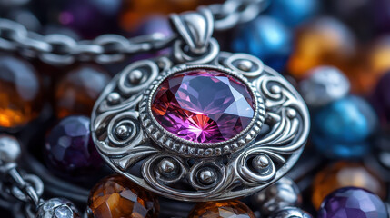 Handcrafted jewelry featuring sparkling gemstones and intricate metalwork in macro view