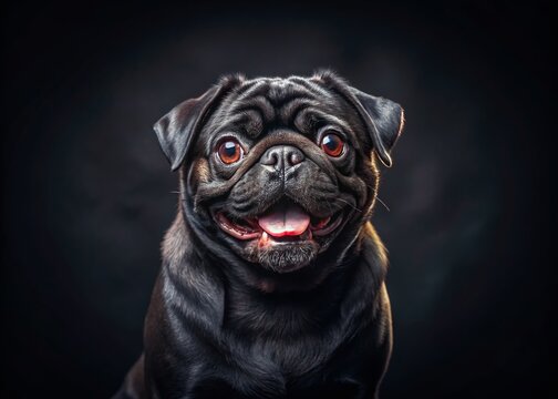 Happy Black Pug Dog Low Light Portrait, Pet Photography, Cute Puppy Background for Text