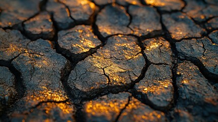 Dried cracked earth glowing golden sunlight