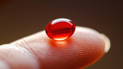 Close-up of a blood drop on fingertip after a diabetes test showing medical precision