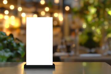 white blank menu for business lunch or menu of the day with black base holder , standing on a table with a blurry background of a restaurant interiorGenerated Image