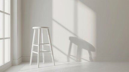 A white minimalist stool standing on a plain white floor.