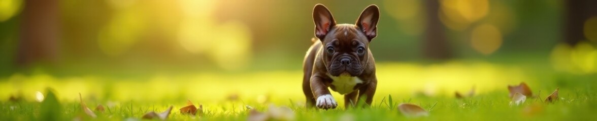 Fototapeta premium Playful French Bulldog puppy exploring its surroundings , fawn, small, brindle