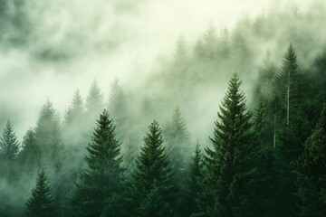 Fototapeta premium A serene view of a misty forest with tall evergreen trees shrouded in fog.