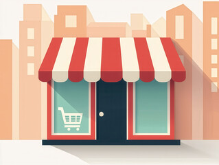 flat illustration of storefront with red and white striped awning